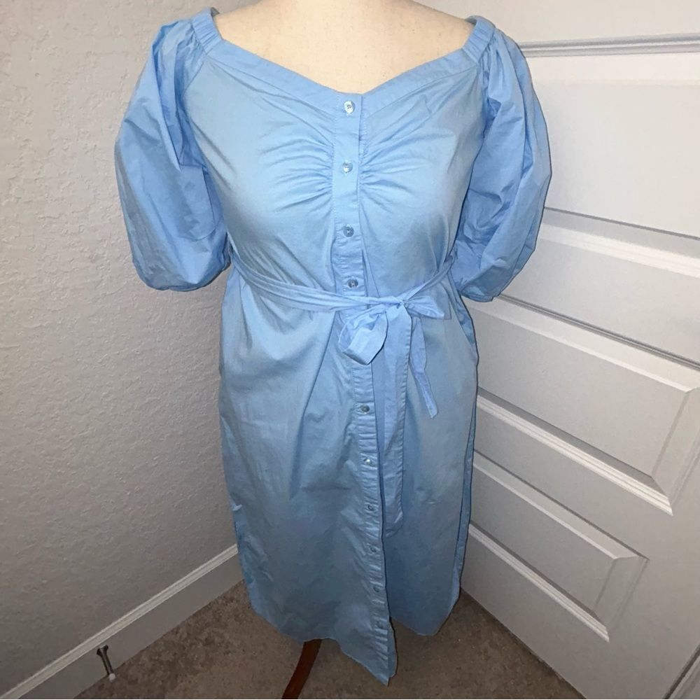 STAUD Reese French Blue Puff Short Sleeve Button Front Belted Dress